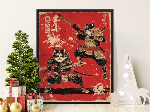 Samurai Cats Duel Katanas Red Vintage Japanese Warrior Wall Art Poster