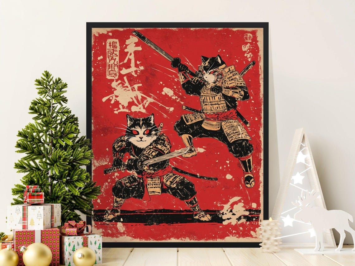 Samurai Cats Duel Katanas Red Vintage Japanese Warrior Wall Art Poster