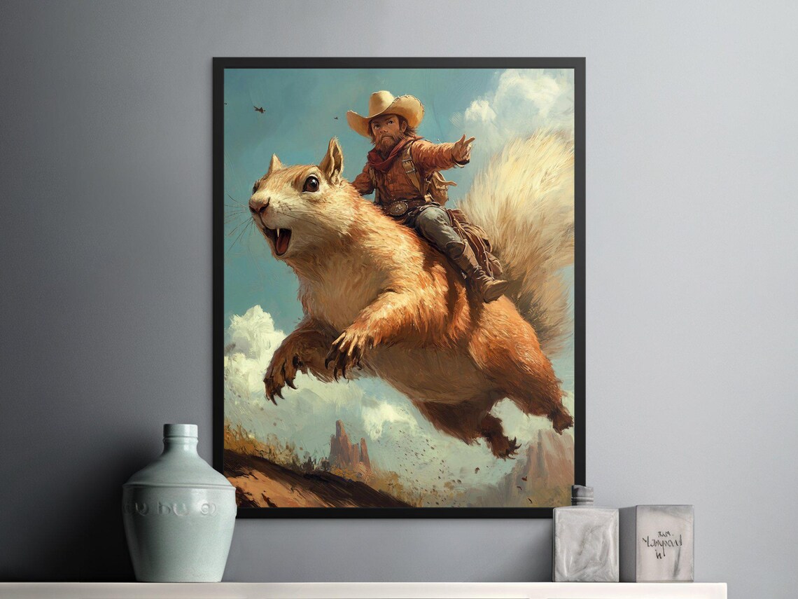 Cowboy Riding Giant Leaping Squirrel Cloud Sky Surreal Western Art Poster - Image 2