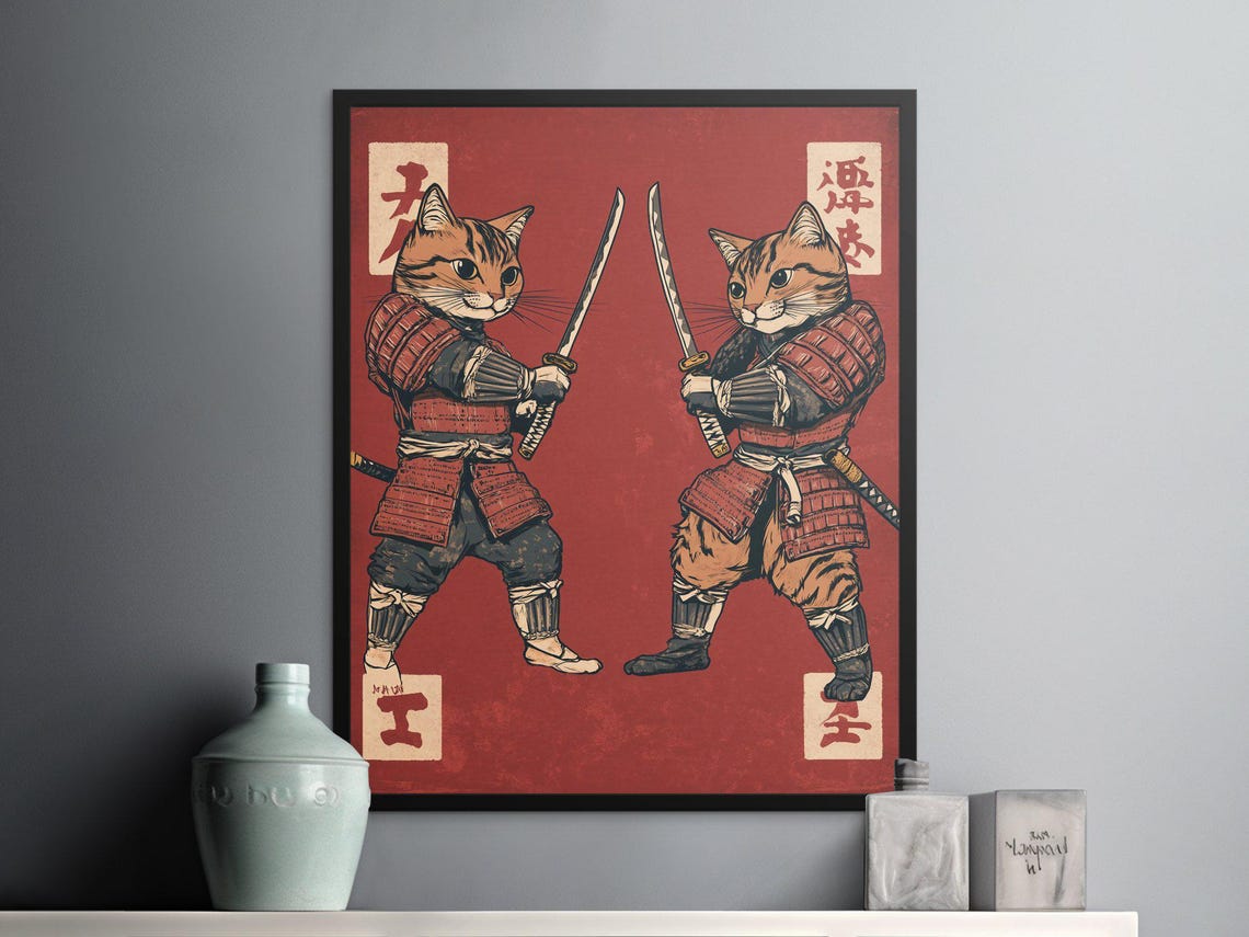 Samurai Tabby Cats Sword Standoff Red Japanese Warrior Wall Art Poster - Image 2