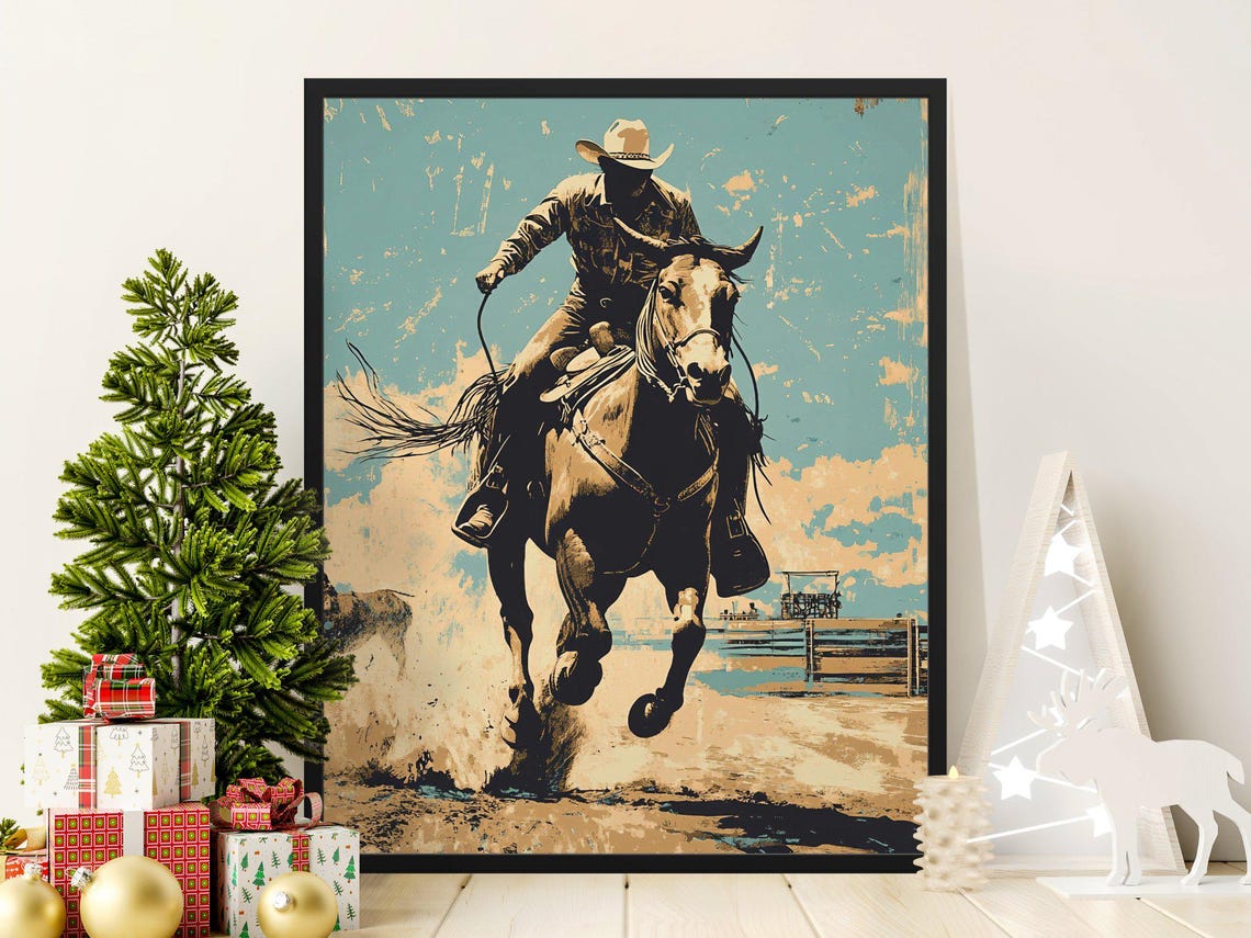 Cowboy Riding Galloping Horse Lasso Teal Vintage Western Rodeo Poster