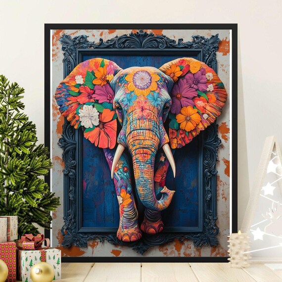 Colorful Floral Elephant Head Blooming Flowers 3D Boho Pop Wall Art Poster