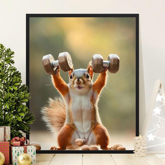 Squirrel Lifting Dumbbells Funny Workout Gym Animal Poster Art