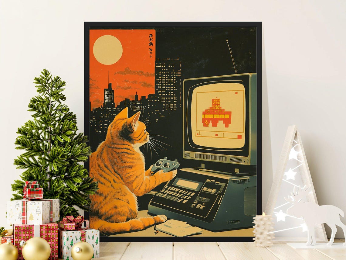 Cat Playing Retro Video Game CRT Computer Sunset Cityscape Wall Art