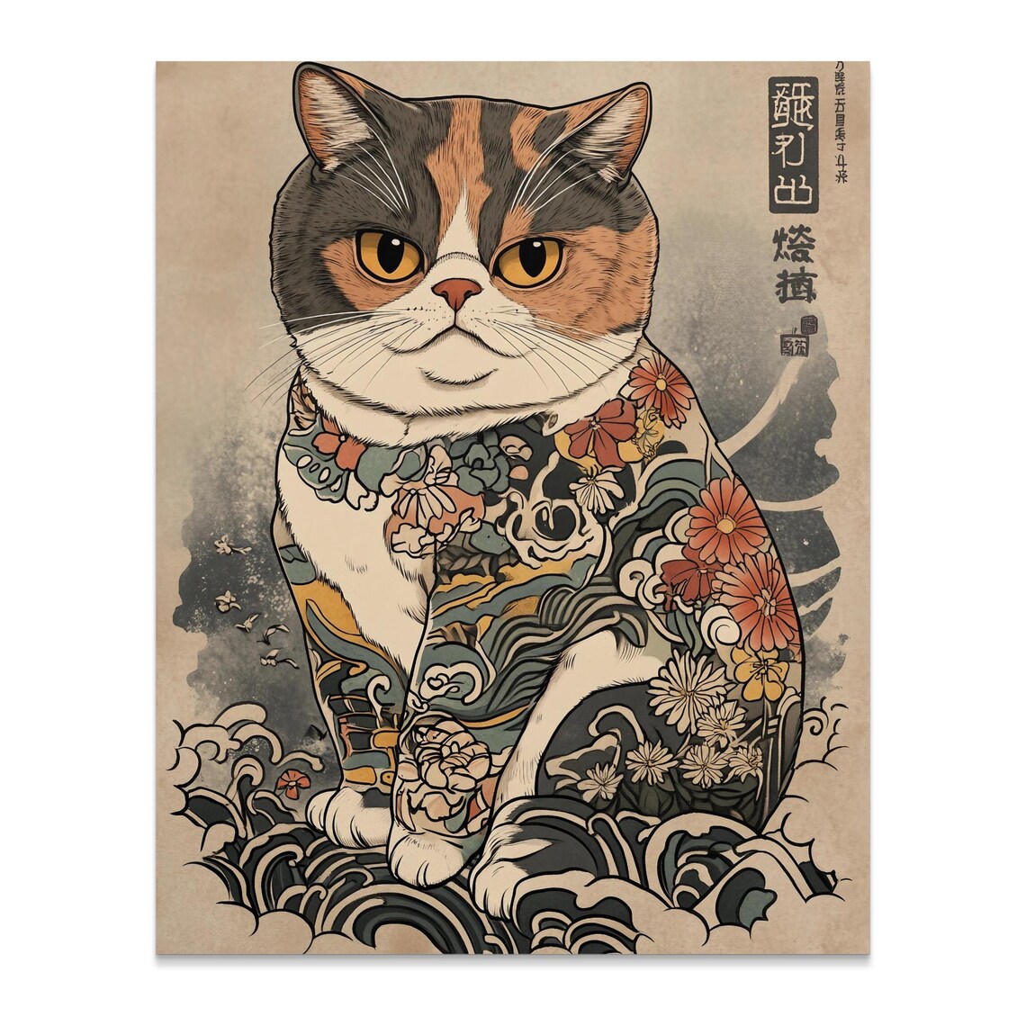 Calico Cat Ukiyo E Woodblock Tattoo Flowers Waves Japanese Art Poster - Image 2