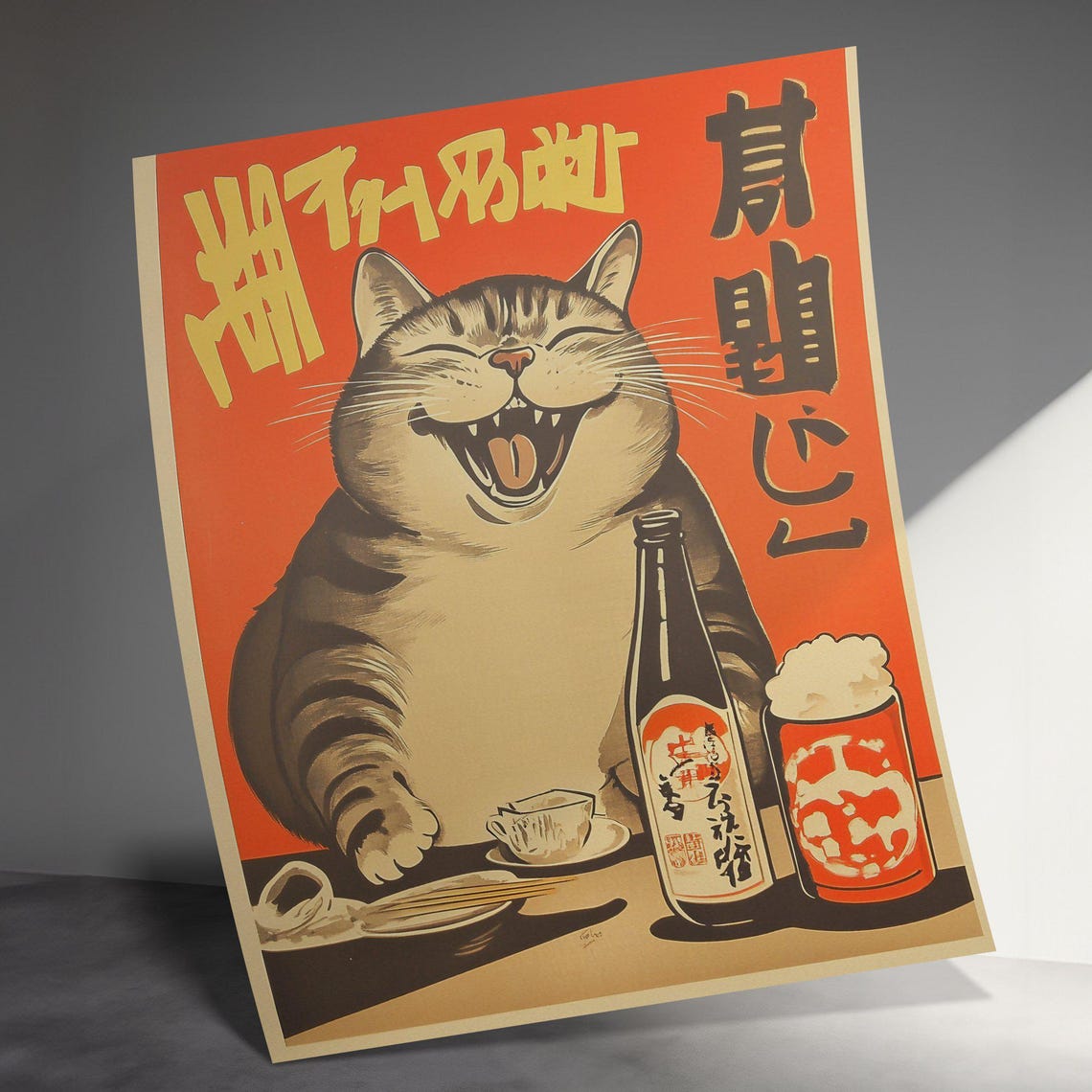 Laughing Tabby Cat With Beer Bottle Vintage Japanese Bar Poster - Image 3