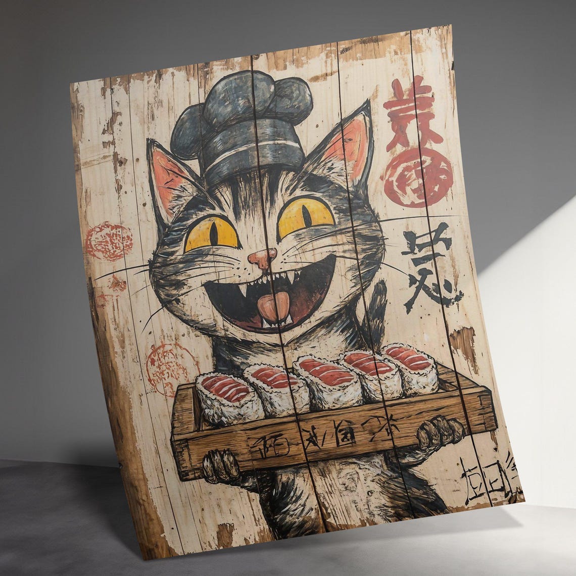 Smiling Tabby Chef Cat Serving Sushi Platter Vintage Art Poster - Image 3