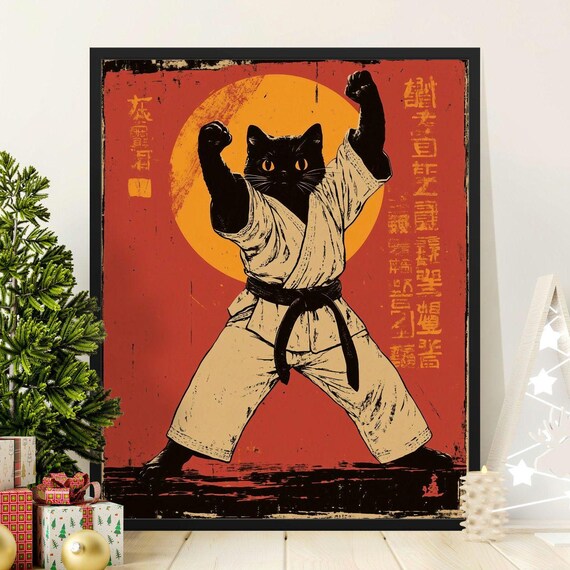 Fierce Black Cat Karate Stance Retro Japanese Martial Arts Fighter Poster