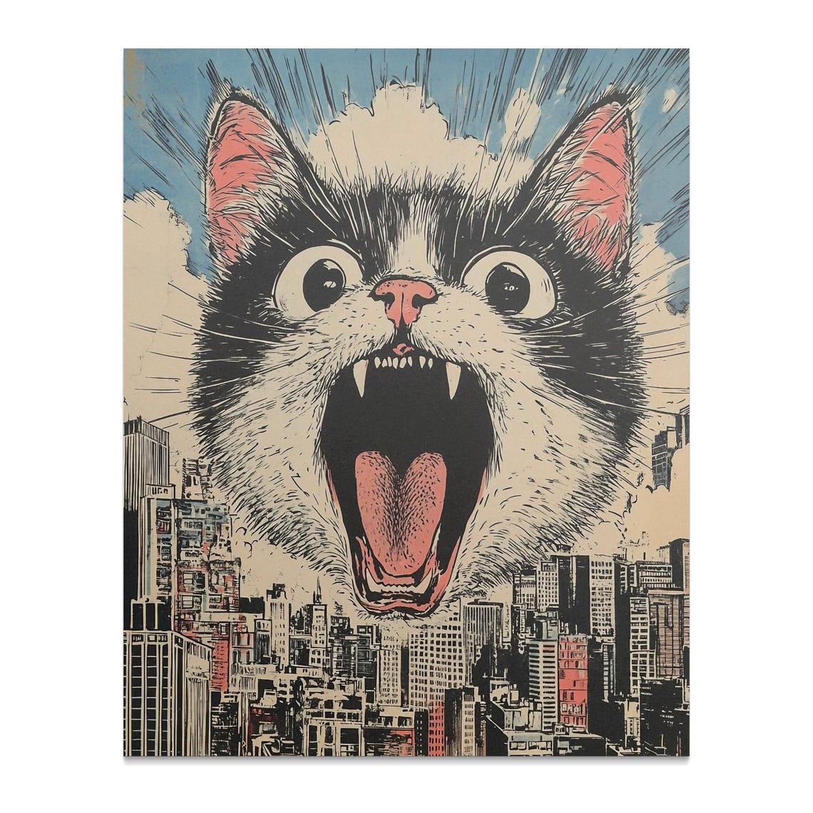 Giant Roaring Cat Over City Skyline Japanese Ink Style Poster - Image 2