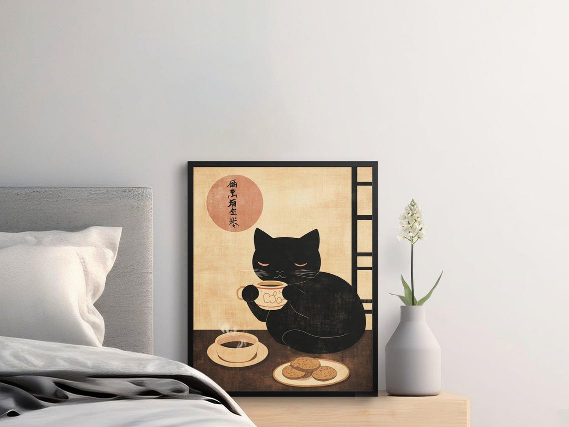 Black Cat Drinking Tea Japanese Minimalist Vintage Kitchen Wall Poster - Image 2