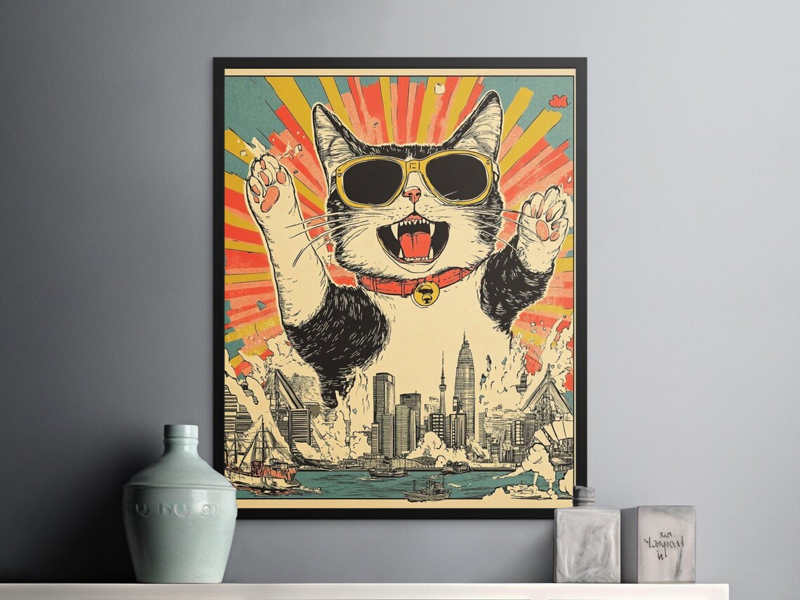 Giant Cat In Sunglasses Rising Over Japanese Harbor City Poster - Image 2
