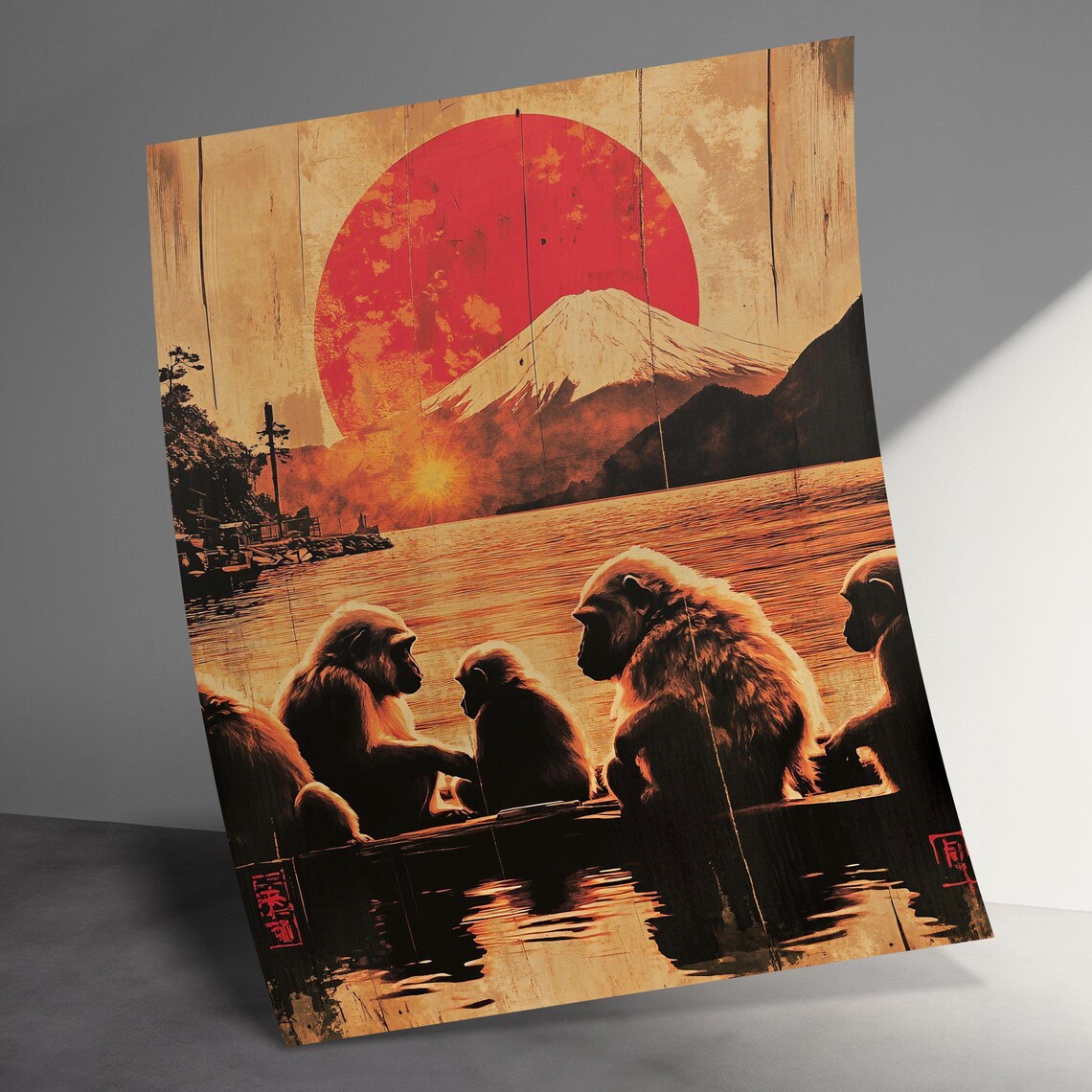 Snow Monkeys Sunset Lake Mount Fuji Vintage Japanese Wildlife Poster - Image 3