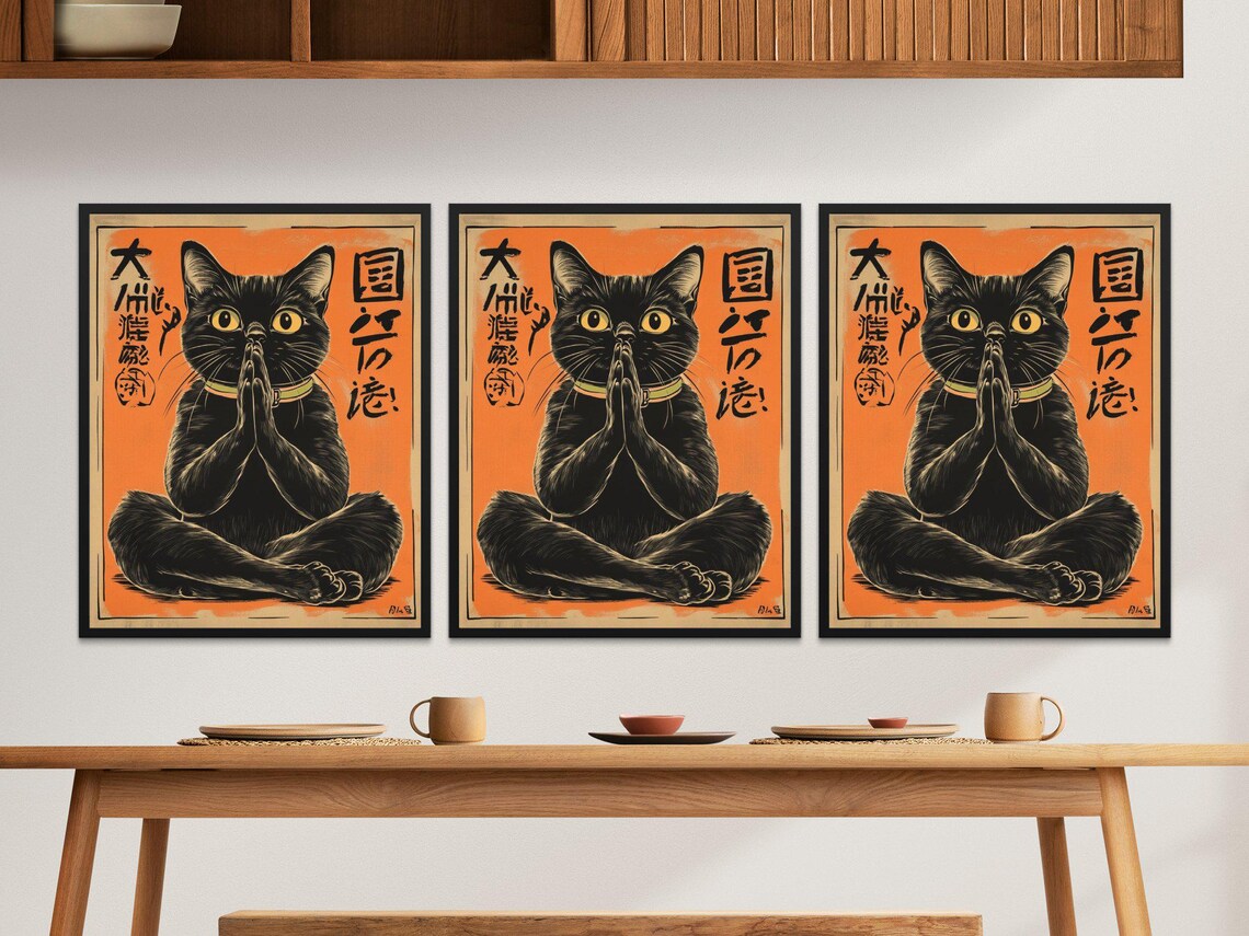 Meditating Black Cat Zen Prayer Pose Japanese Style Funny Cat Poster - Image 2