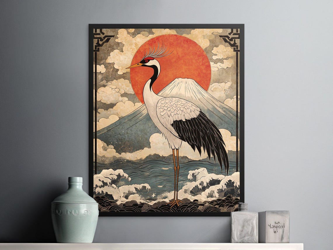 Red Crowned Crane Red Sun Mount Fuji Japanese Ukiyo-e Waves Poster