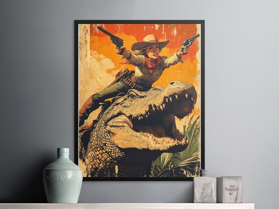 Cowgirl Riding Alligator Dual Revolvers Vintage Western Sunset Poster