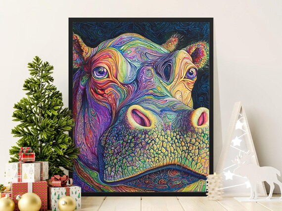 Psychedelic Rainbow Hippo Abstract Swirl Colorful Modern Wall Art Print