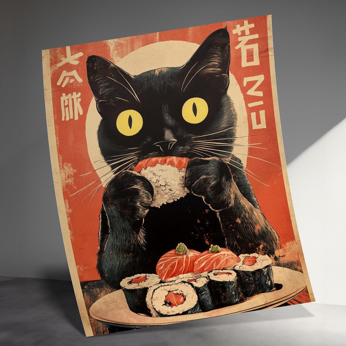 Vintage Black Cat Eating Salmon Sushi Retro Japanese Kitchen Art Poster - Image 3