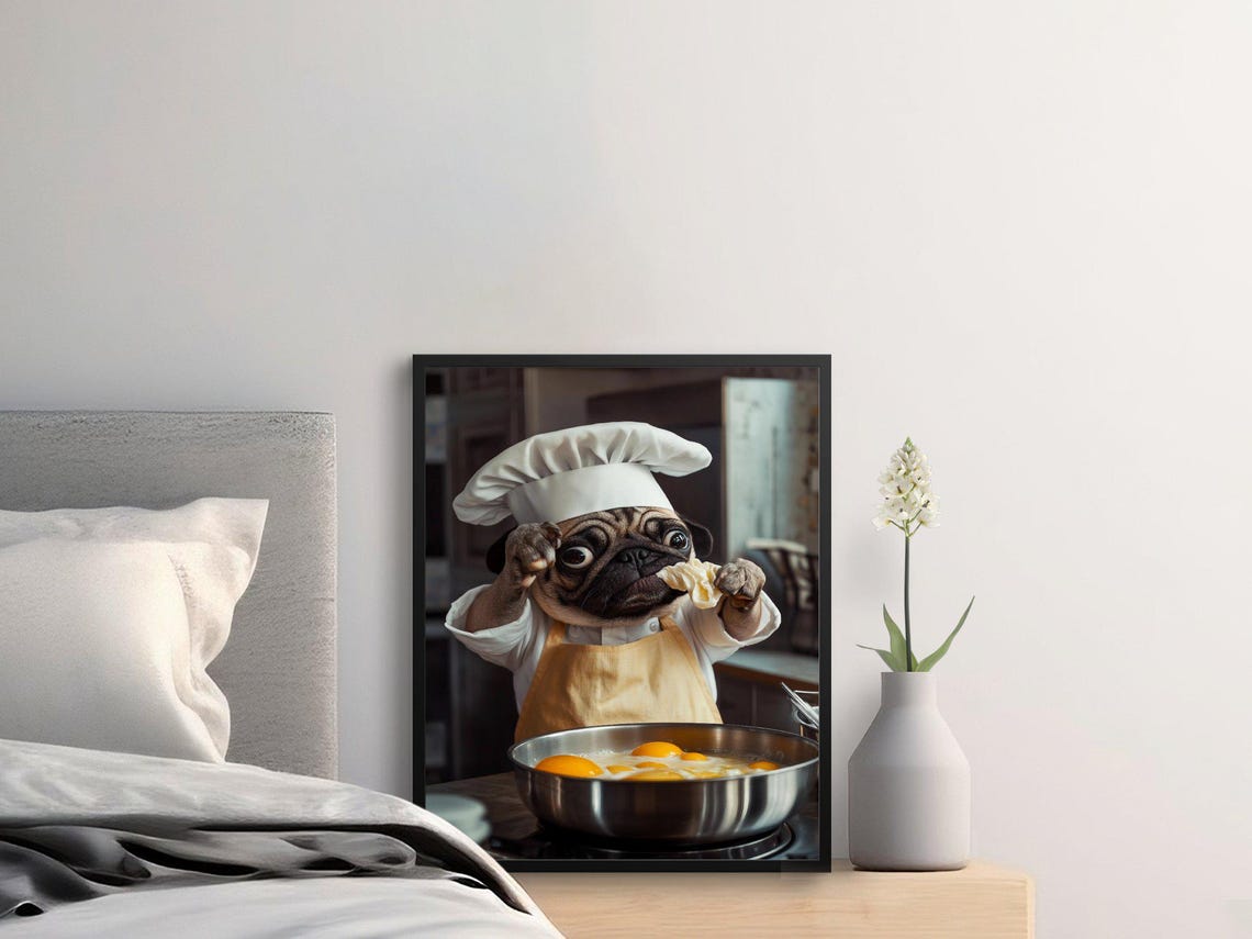 Funny Pug Chef Cracking Eggs Whimsical Kitchen Dog Wall Art Poster - Image 2