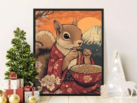 Cute Squirrel In Kimono Eating Noodles Mount Fuji Cherry Blossom Poster