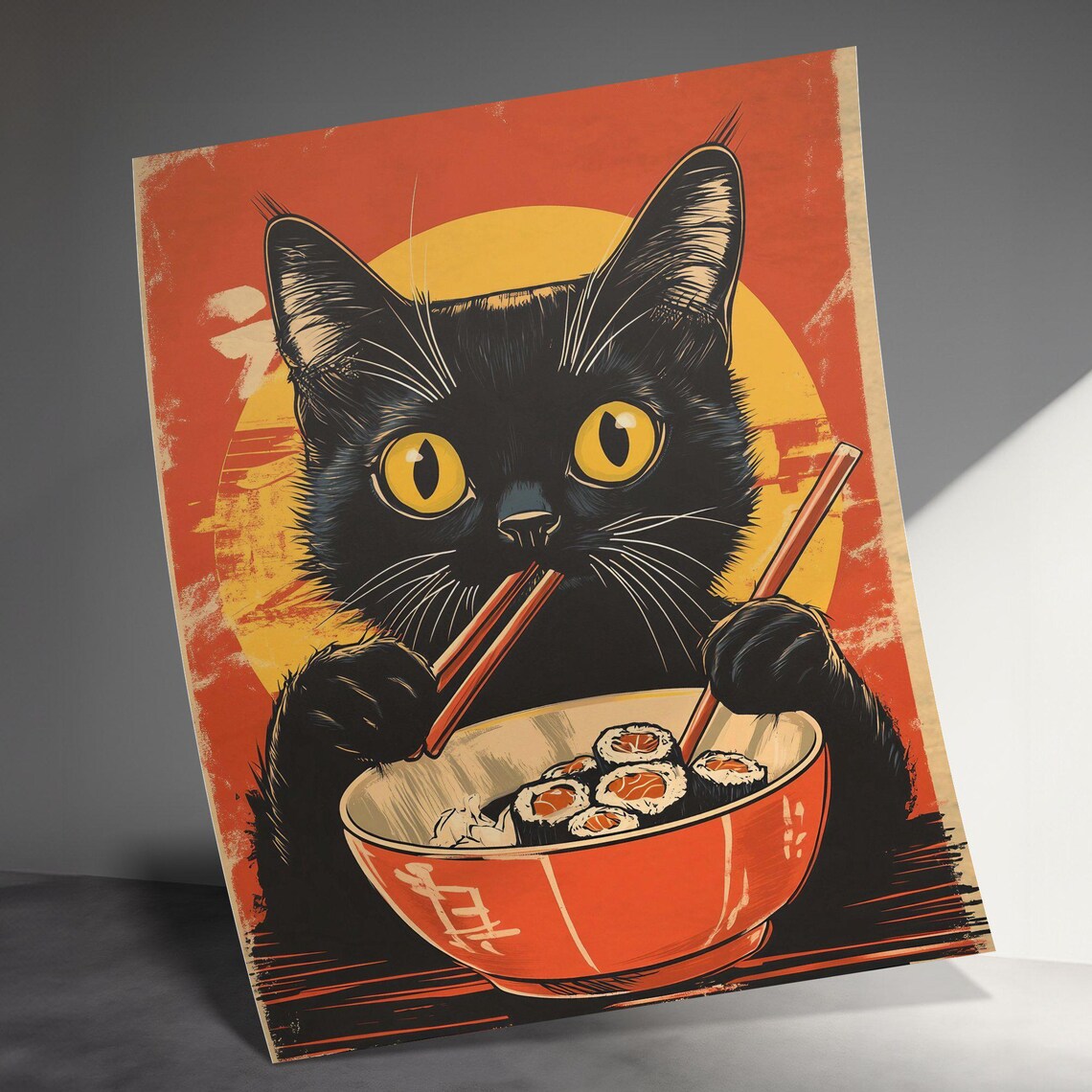 Vintage Black Cat Eating Sushi With Chopsticks Retro Kitchen Wall Poster - Image 3