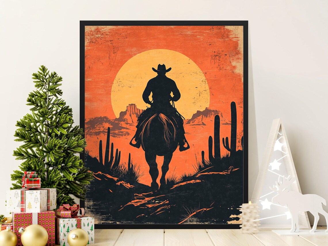 Lone Cowboy Riding Into Desert Sunset Mesas Cactus Western Poster