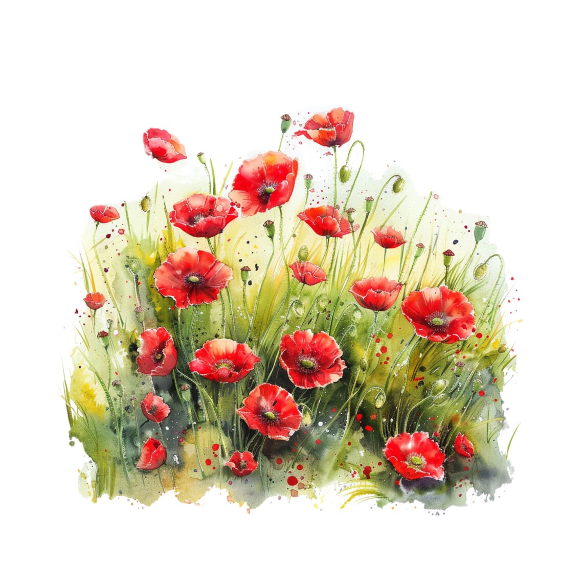 Poppies Watercolor Painting, Floral Landscape Print