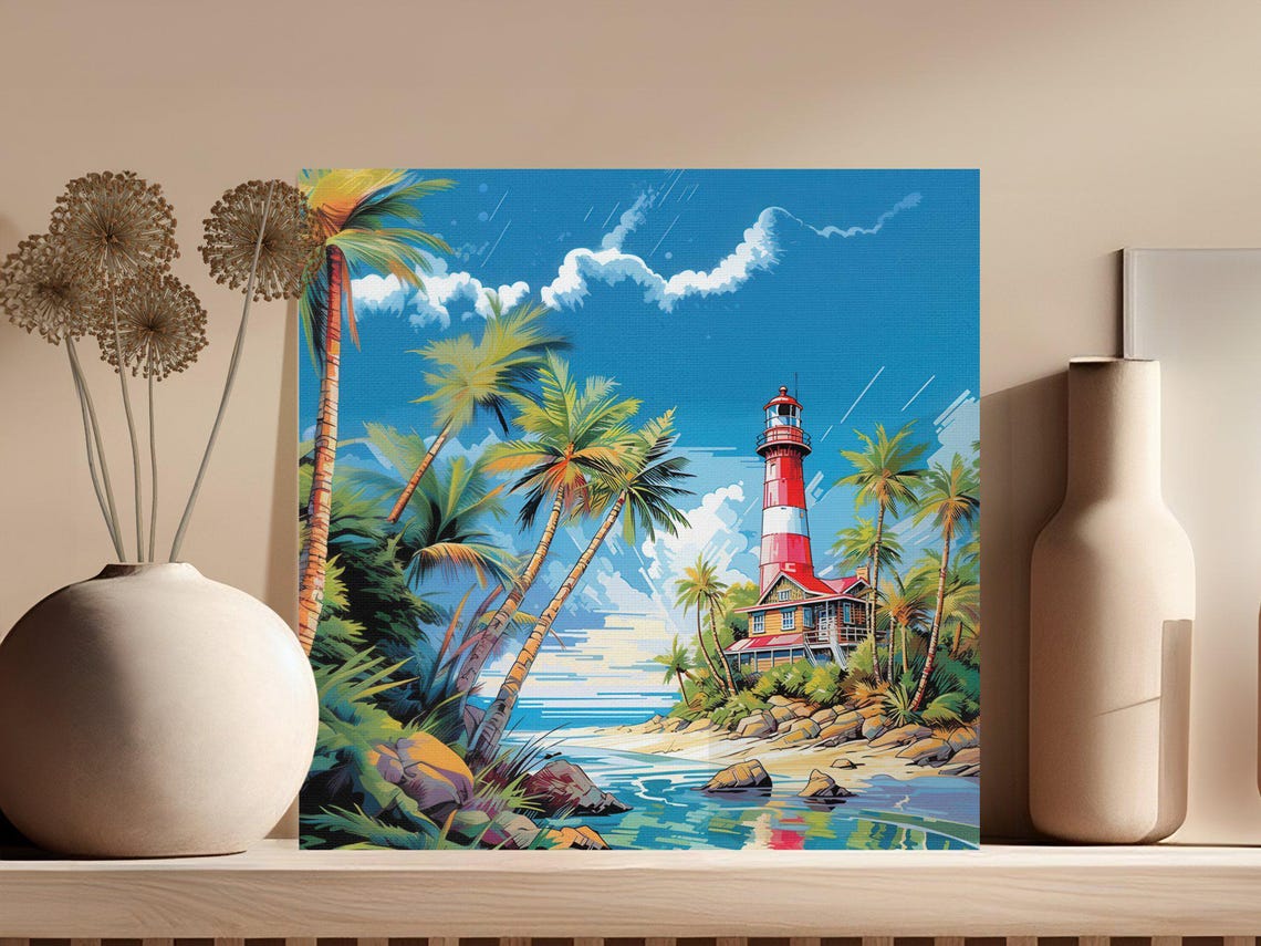 Retro Tropical Lighthouse With Palm Trees on a Sunny Coast Poster - Image 3