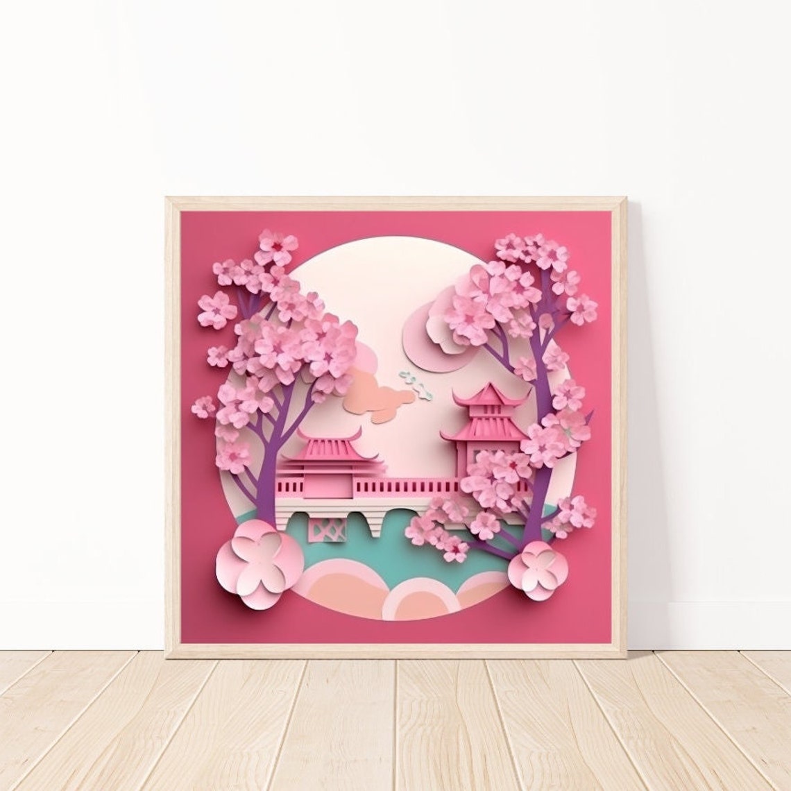 Pink Cherry Blossom Japanese Pavilion Moon Paper Cut Art Poster