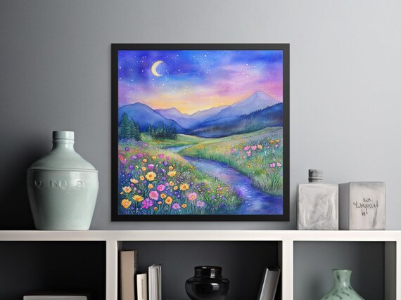 Dreamy Watercolor Mountain Landscape Art Print Starry Night Scenery With Wildflowers Moonlit Sky Wall Decor Instant 20x20