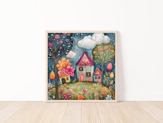 Whimsical Fantasy Village Art Printcolorful Fairy Tale Houses And Gardendreamy Nature Illustration20x20cottagecore