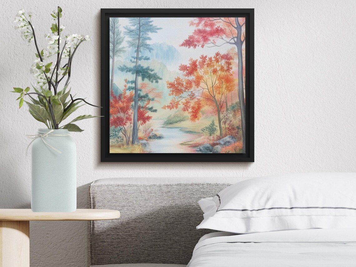Autumn Forest Watercolor Red Maples Blue Pines Stream Fall Scene Poster - Image 3