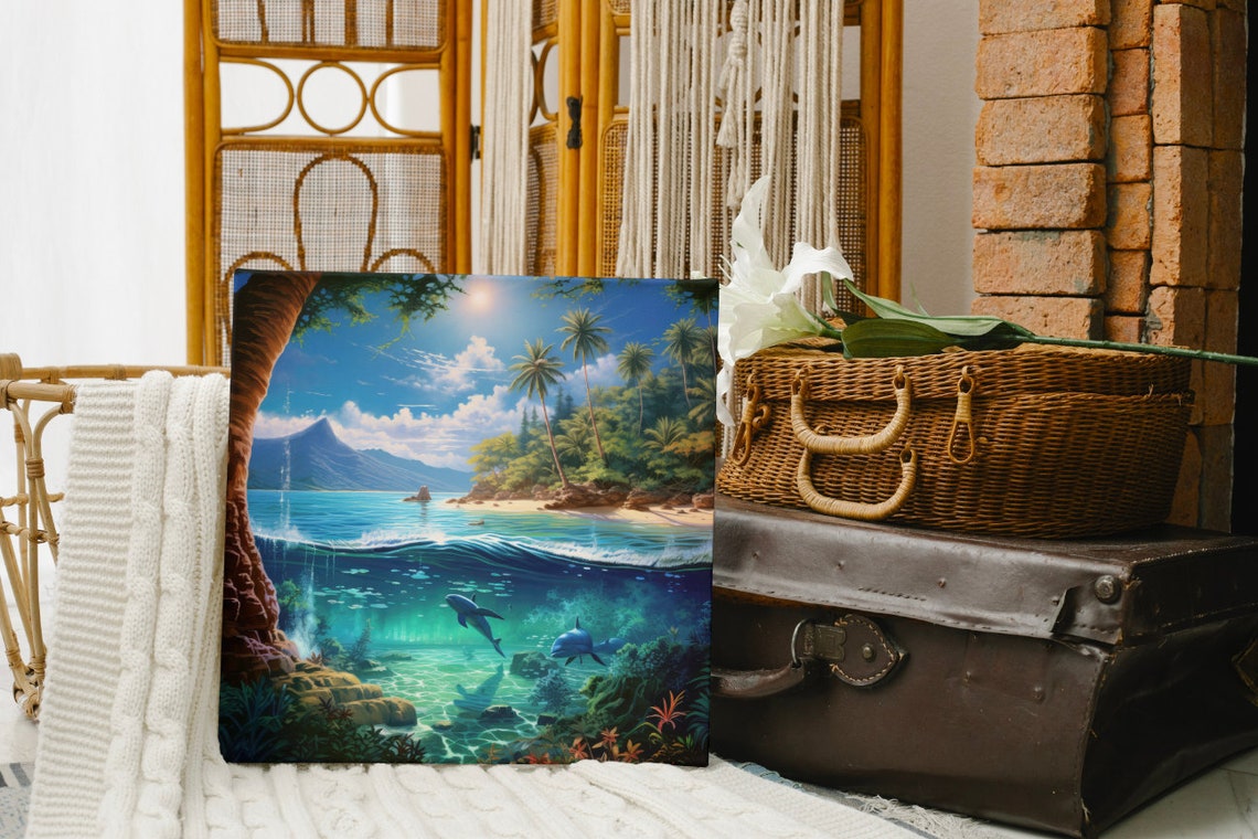 Tropical Island Above Water Dolphins Underwater Split View Art Poster - Image 4