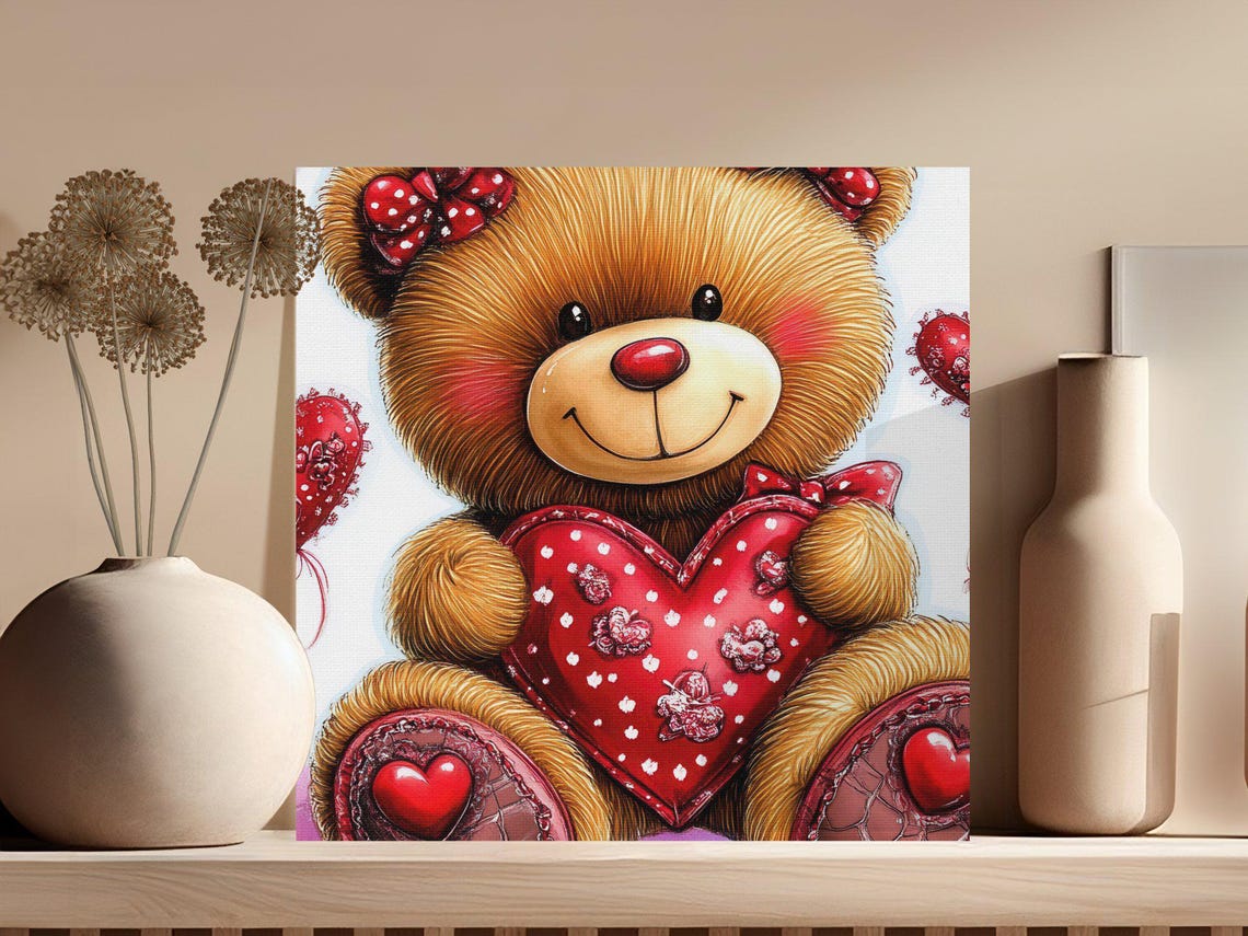 Cute Teddy Bear Holding Heart Watercolor Valentine Day Art Print - Image 2