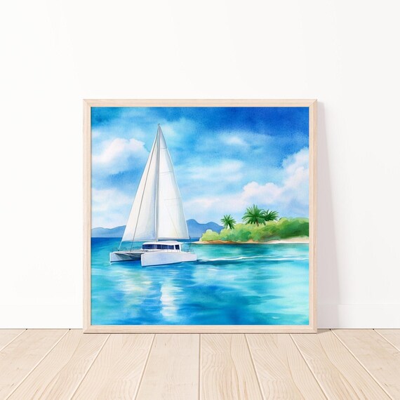 White Catamaran Sailing in Bright Blue Tropical Waters Poster