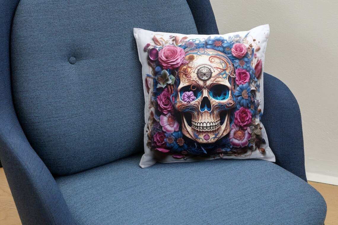 Gothic Sugar Skull with Colorful Flowers and Pocket Watch Poster - Image 2