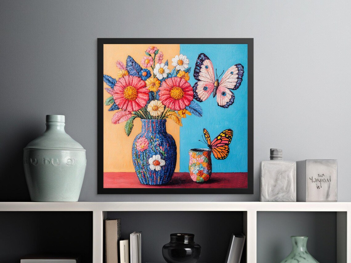 Colorful Floral Bouquet In Vase With Butterflies Painting Poster