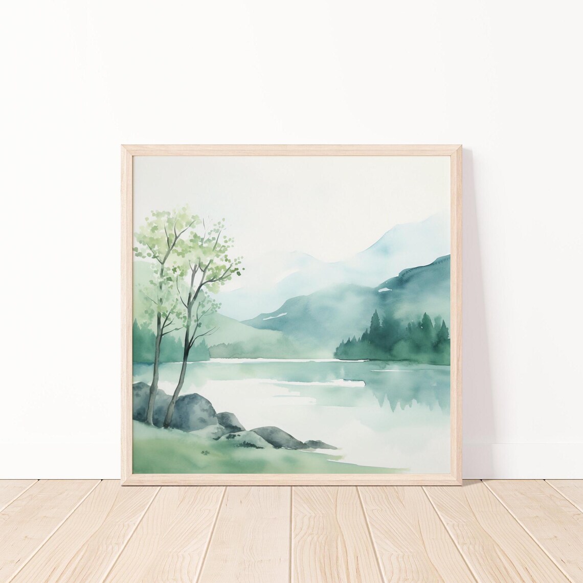 Misty Green Lake Watercolor With Birch Trees and Mountains Poster