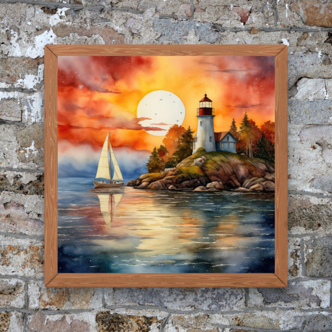 Lighthouse Sunset Sailboat Golden Hour Ocean Seascape Art Poster