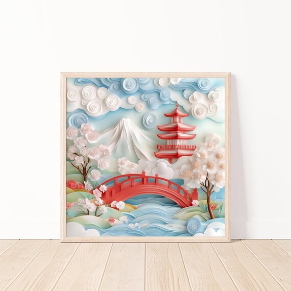 Japanese Landscape, Cherry Blossom Pagoda and Bridge Art Print