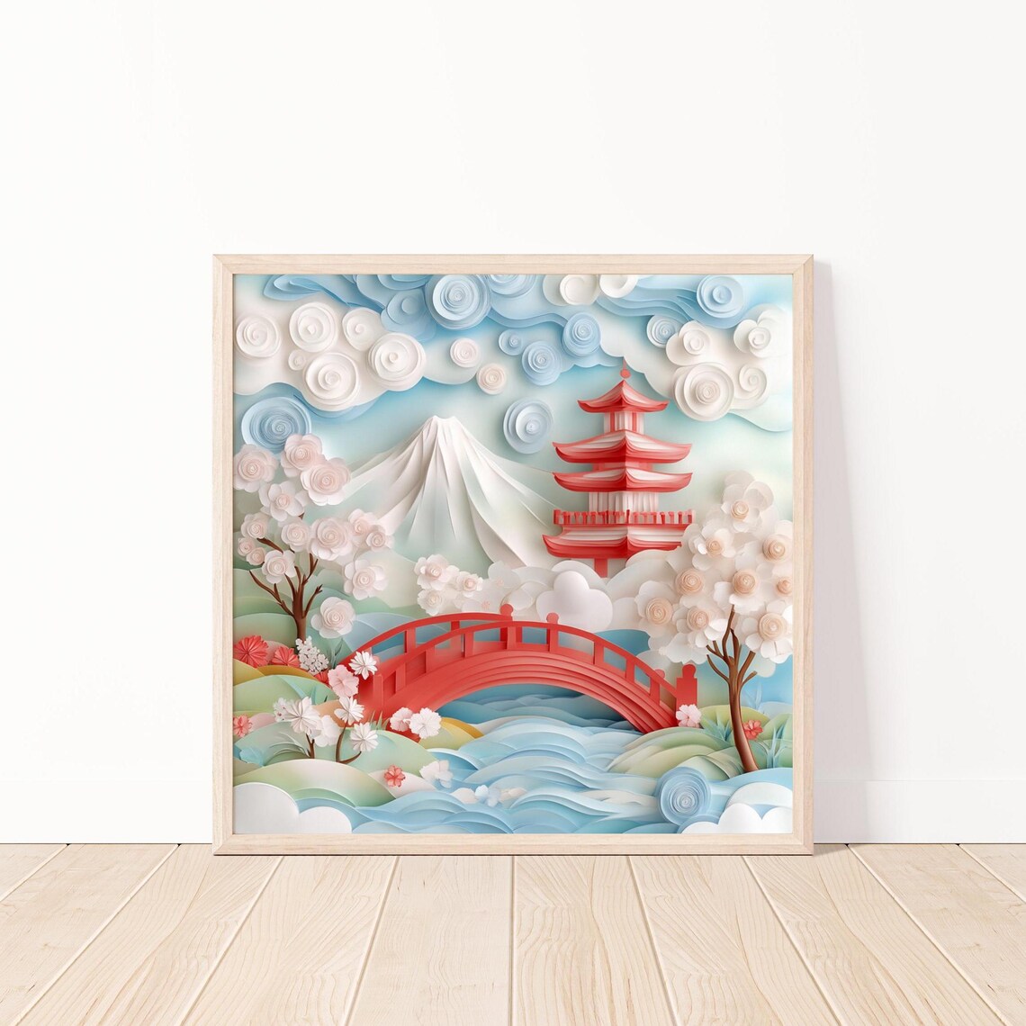 Japanese Landscape, Cherry Blossom Pagoda and Bridge Art Print