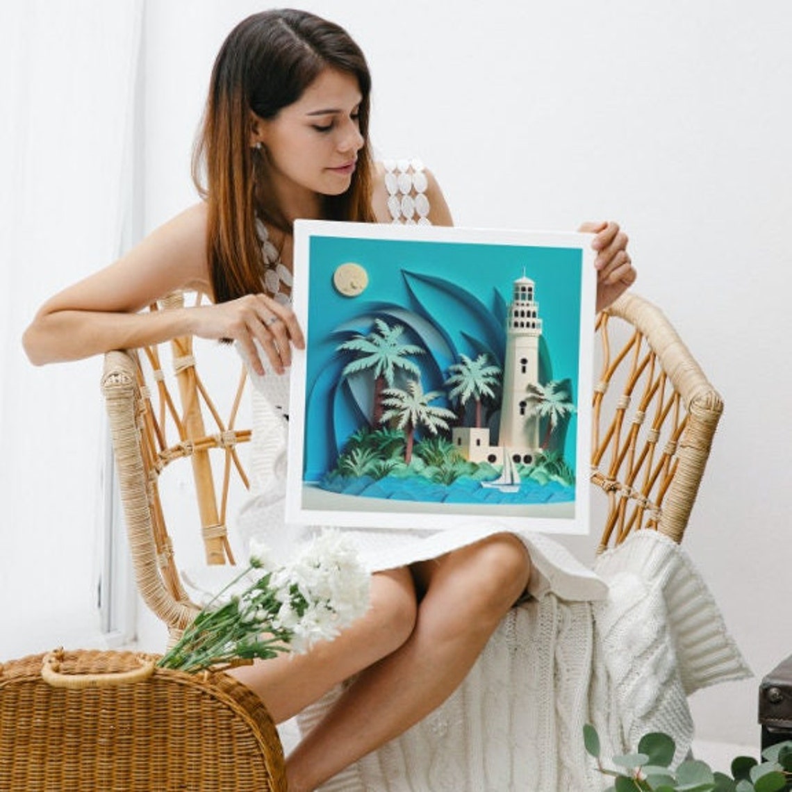 Tropical Scene Art Island Lighthouse Wall Art Tropical Island And Lighthouse Wall Art Ai Abstract 12 X 12 - Image 3