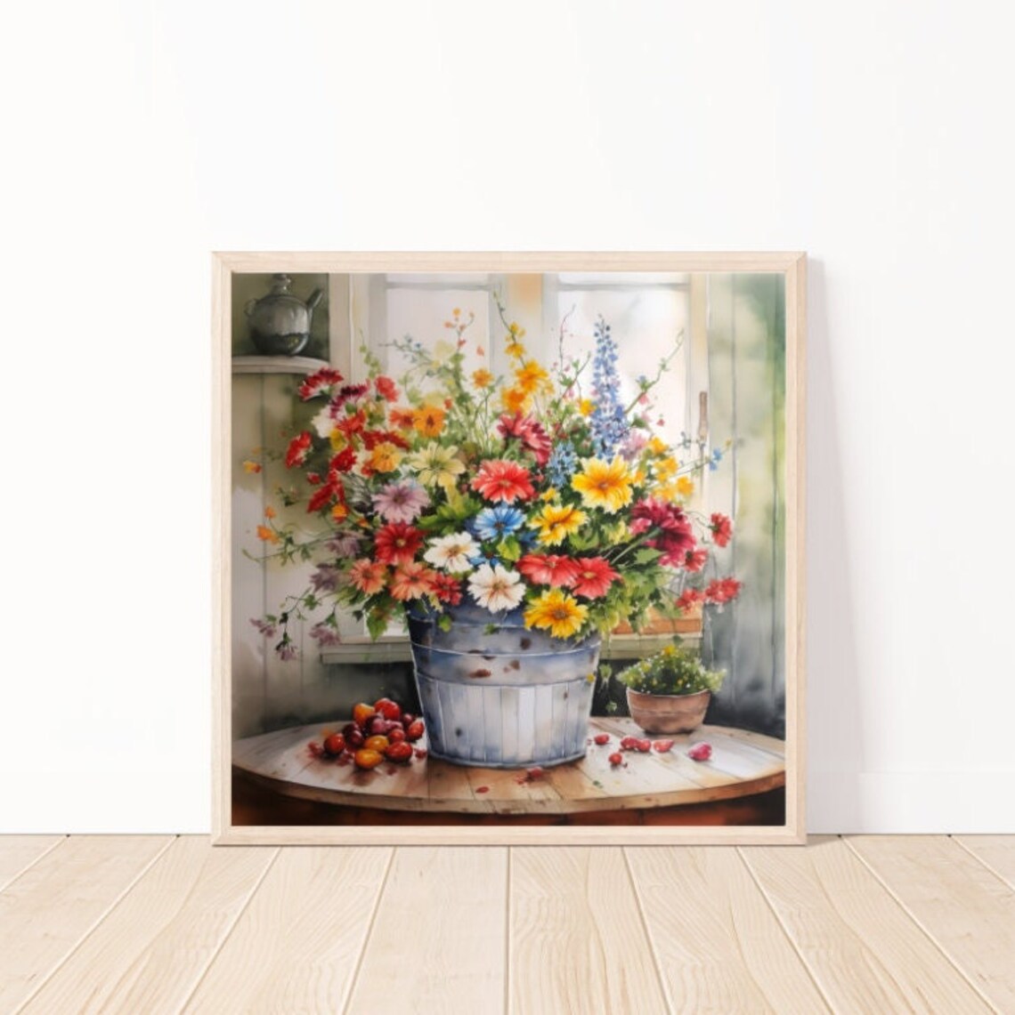 Watercolor Wildflower Bouquet in Tin Pail by Sunny Window Poster