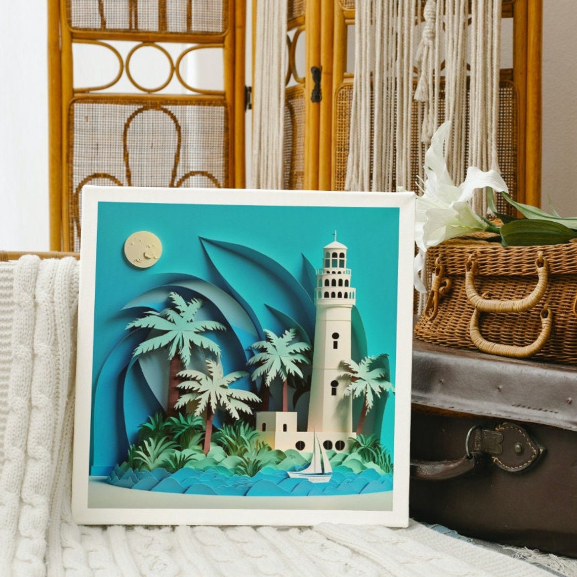 Tropical Scene Art Island Lighthouse Wall Art Tropical Island And Lighthouse Wall Art Ai Abstract 12 X 12 - Image 2