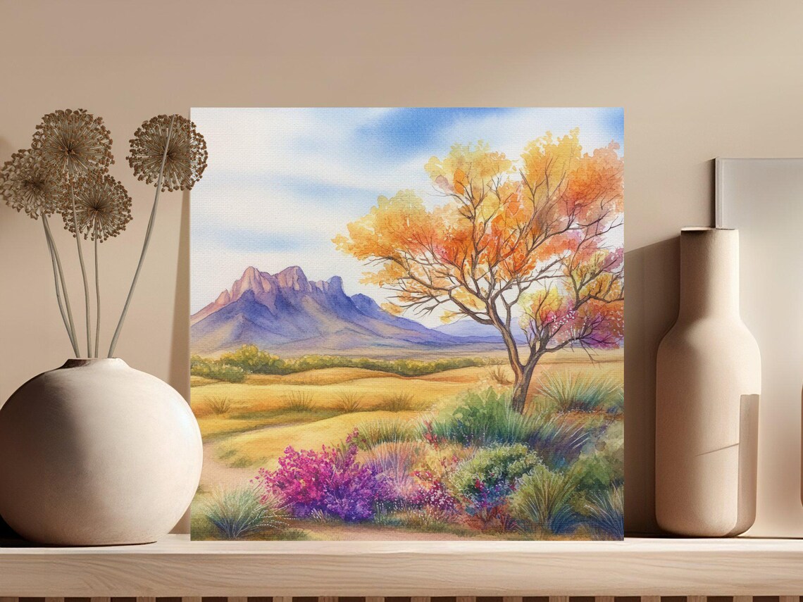 Vibrant Autumn Landscape Watercolor Orange Tree Wildflower Prairie Poster - Image 3