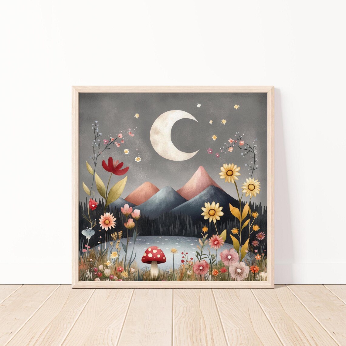 Moonlit Mountain Meadow Fantasy Wildflowers Crescent Moon Poster