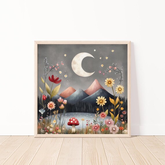Enchanted Moonlit Mountain Landscape Wall Artwhimsical Nature Art Printmystical Flower Garden Illustrationfairy Tale Art20x20