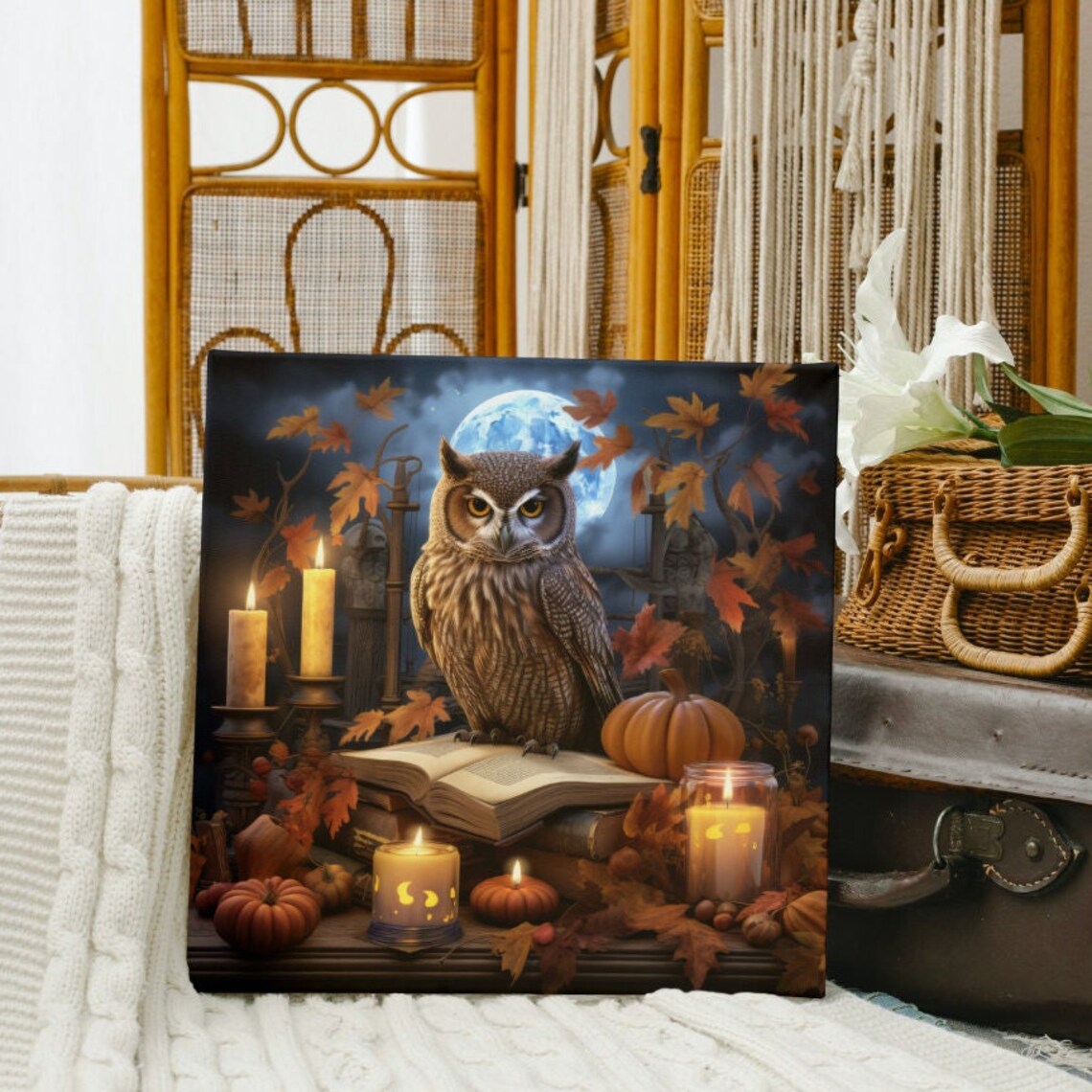 Halloween Owl on Books with Candles Pumpkins and Autumn Moon Poster - Image 2