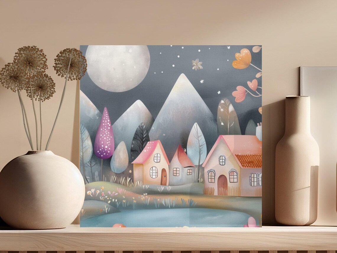 Whimsical Moonlit Village Full Moon Cottages Fantasy Night Scene Poster - Image 3