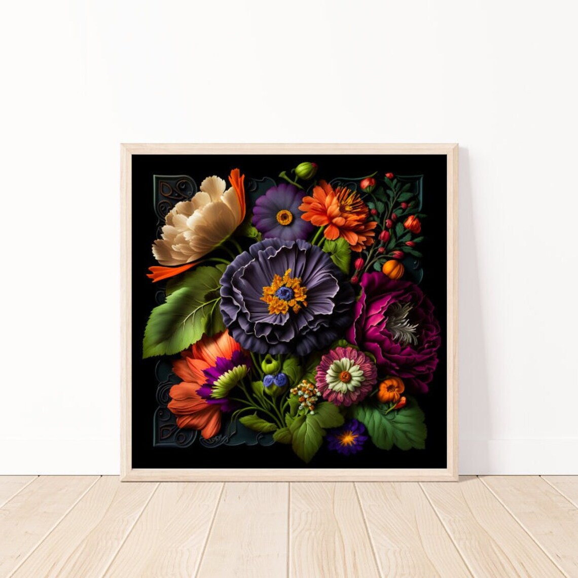 Bold Colorful Flower Bouquet On Black Background Floral Art Poster