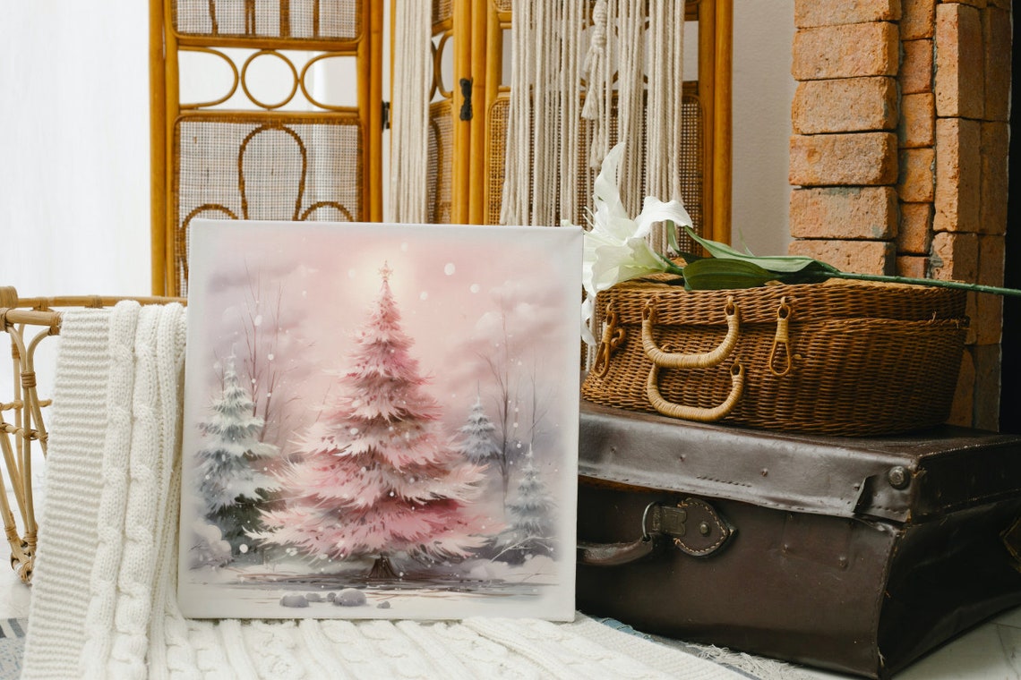 Pink Christmas Trees in a Dreamy Snowy Soft Winter Forest Poster - Image 4